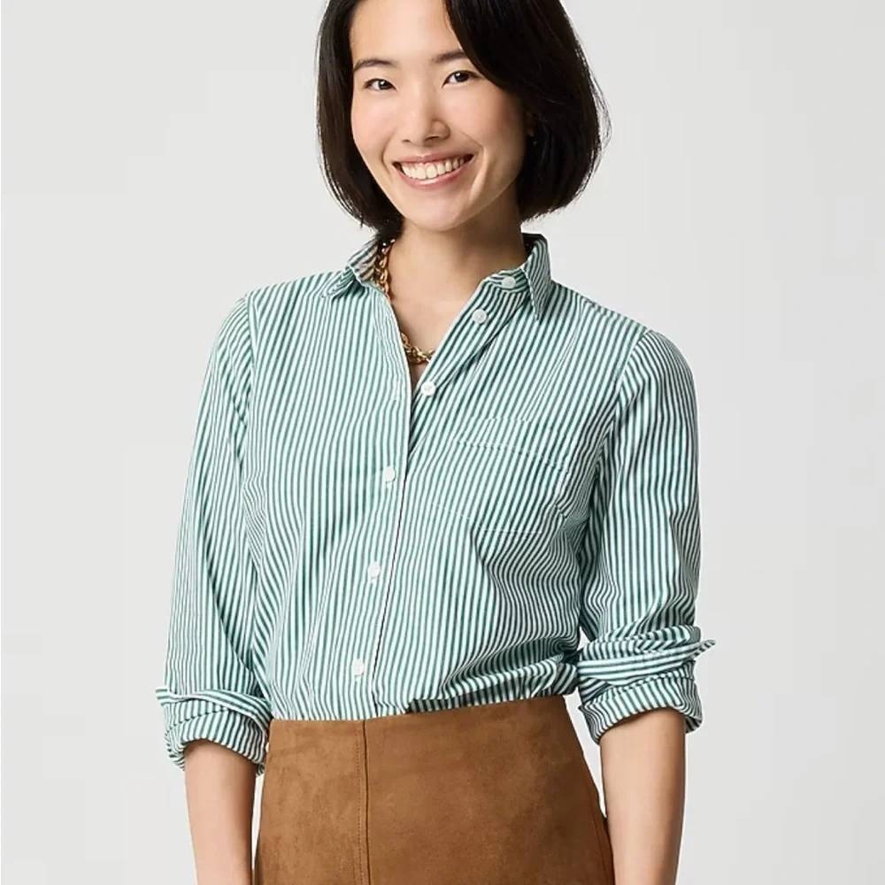 J. Crew Green White Stripe Regenerative Cotton Women's Button Up Shirt Large NWT